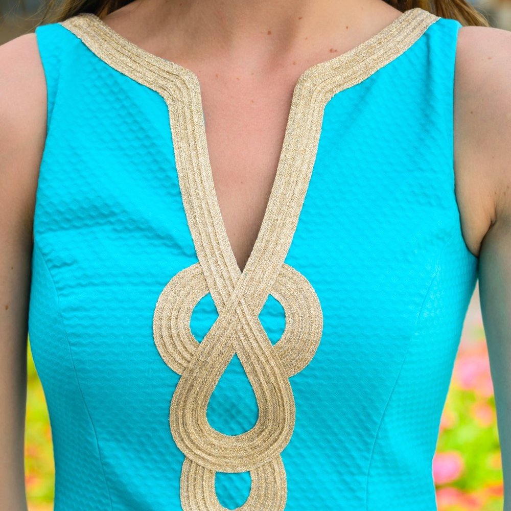 Lilly Pulitzer Janice Shift Dress, Teal and Gold, Size 6 - Picture 2 of 6